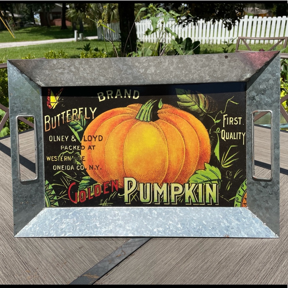 Fall pumpkin metal serving tray w/ handles 19”x13”
